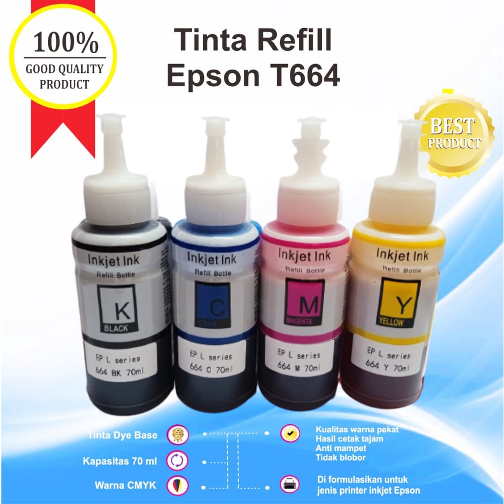 Paket CMYK Tinta Premium 664 Refill Botol Epson L120 L360 L110