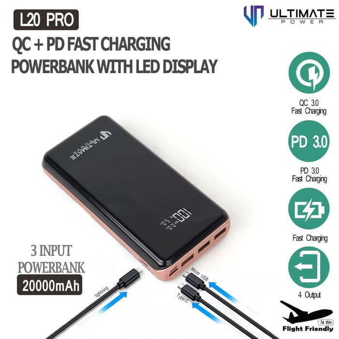 Ultimate Power L20 Pro QC+PD Fast Charging Powerbank 20000mAh With LED