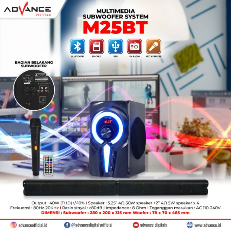 Speaker Bluetooth Advance M25BT Multimedia Subwoofer System Bass 8 inch Free Mic / M 25BT