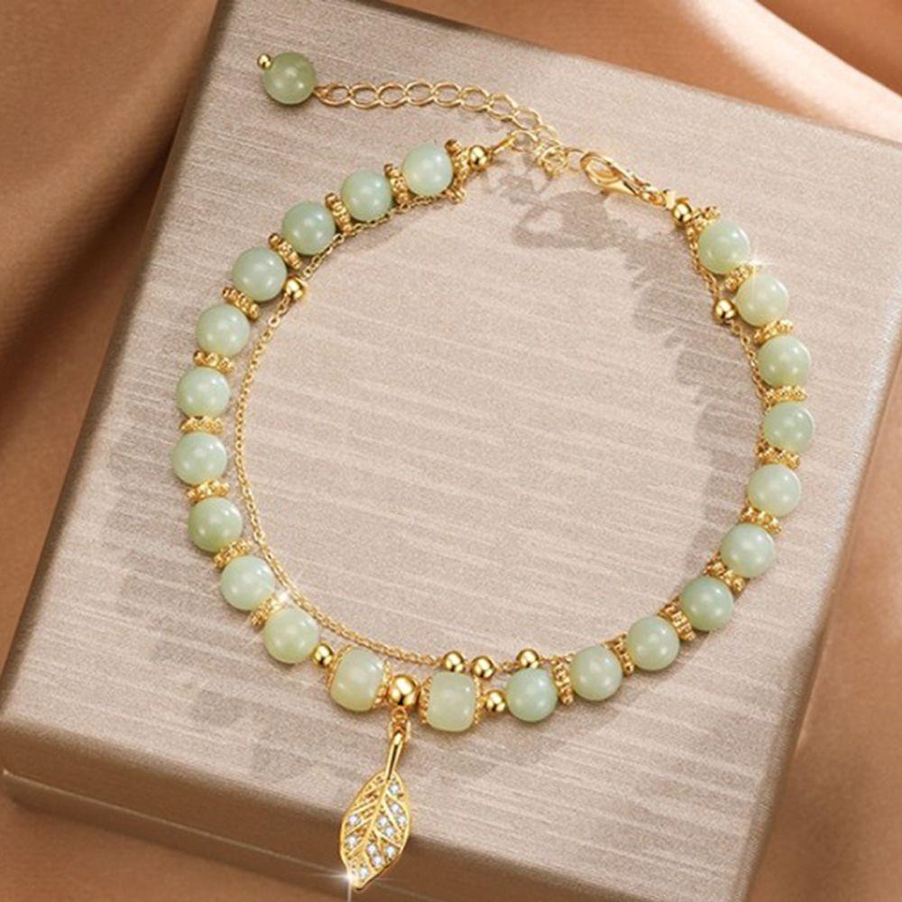 NEEDWAY Gelang Giok Handmade Perhiasan Hadiah Pacar Aksesoris Pakaian Manik Giok Aprikot Daun Alloy Gaya Korea Bracelet