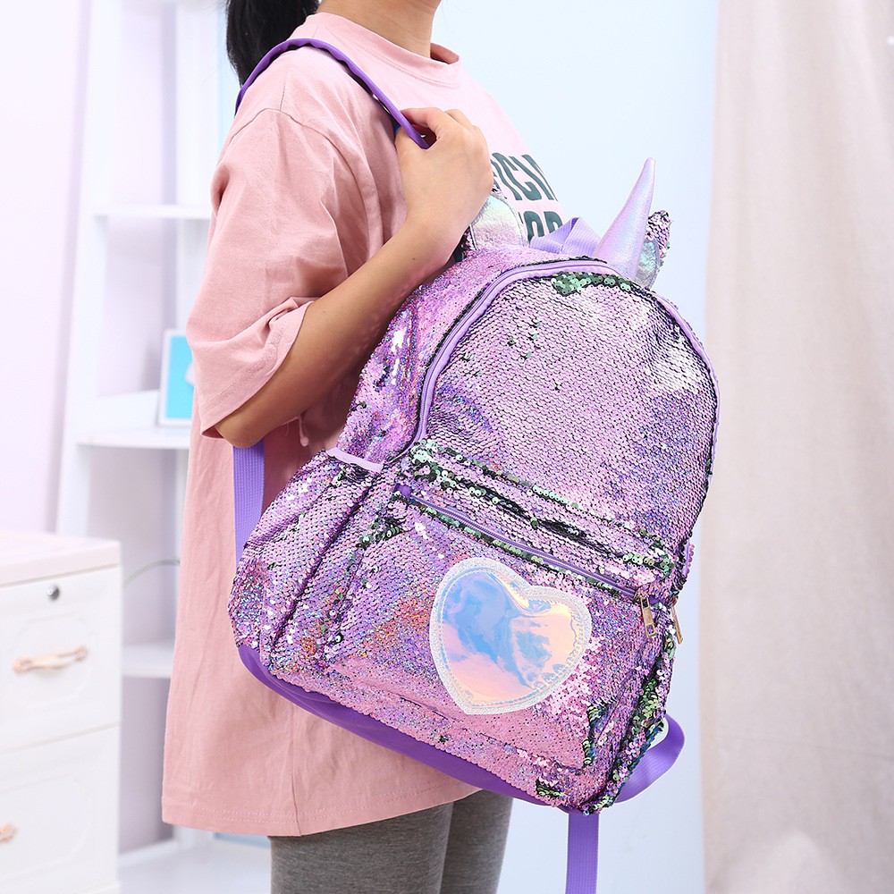 Tas Sequin Unicorn besar TU016 Ransel anak sd perempuan Reversible Backpack