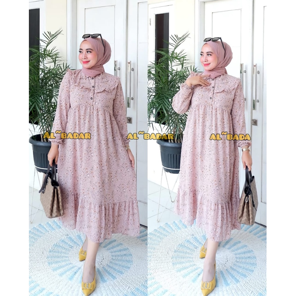 [ BISA COD ] DRESS MIDI, MIDI DRESS MOTIF BAHAN CERUTY BABY DOLL KERAH KOREA , MIDI DRESS TERBARU DAN TERLARIS