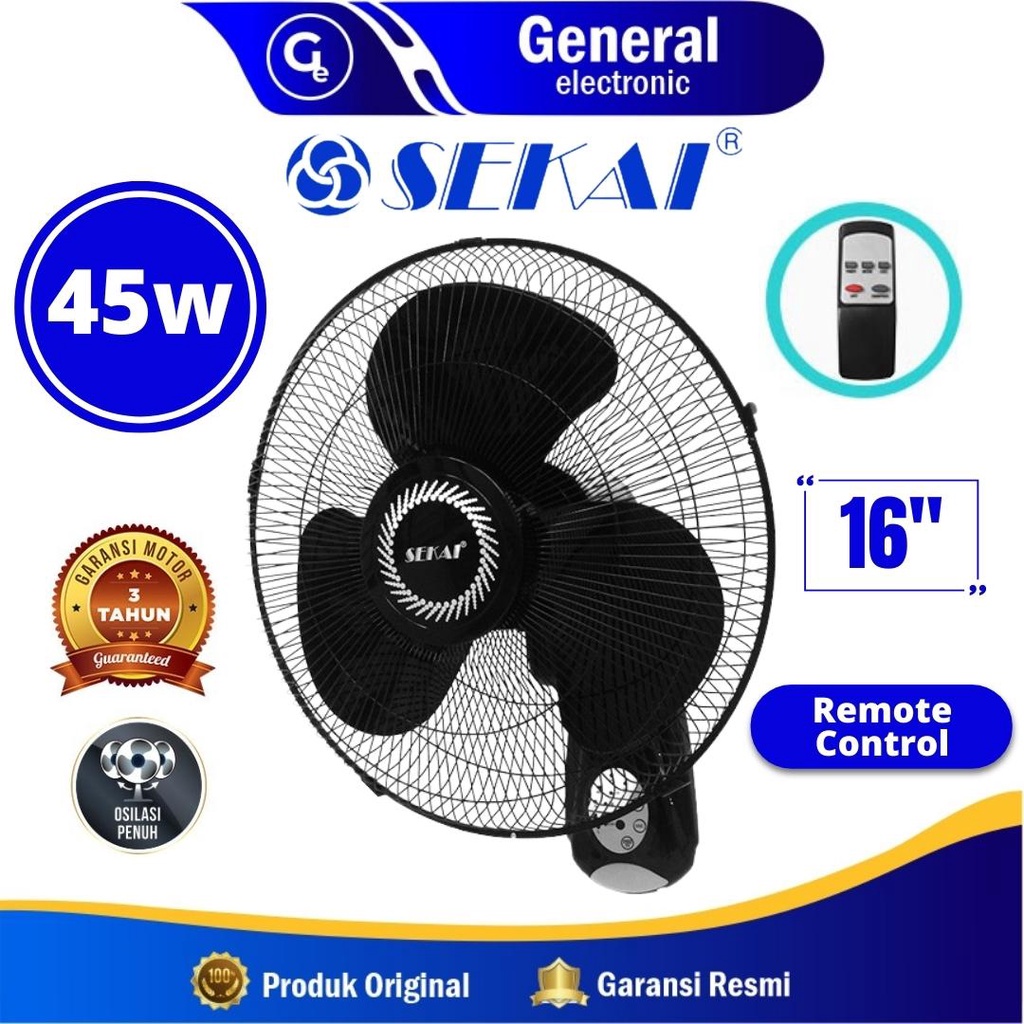 Kipas Angin Dinding Remot / Wall Fan SEKAI 16 Inch Hitam  - WFN1628 / 1FN 1628