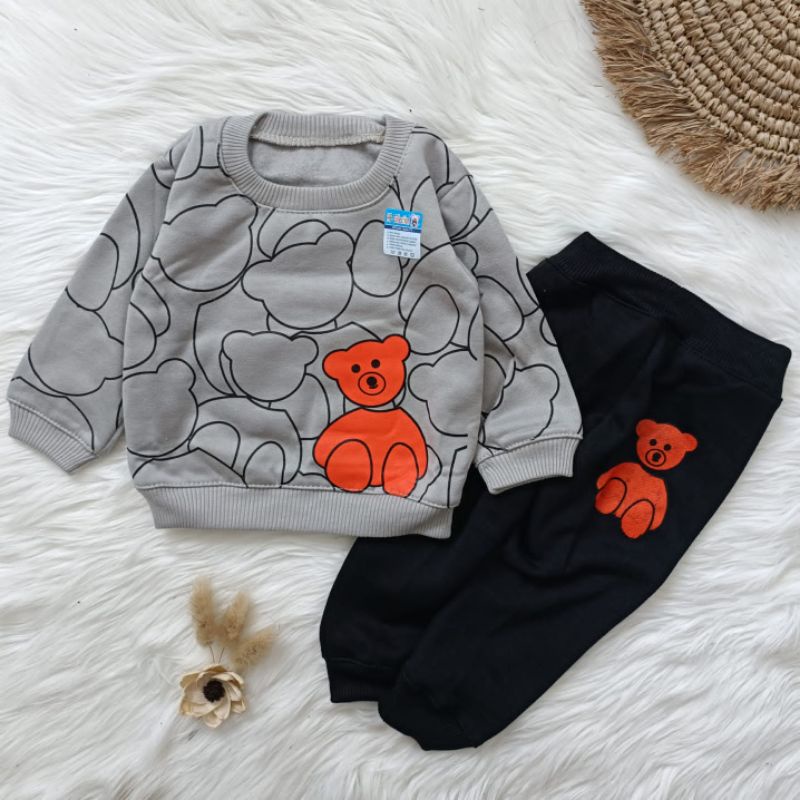 Setelan sweater bayi motif bear oren 3-12 bulan