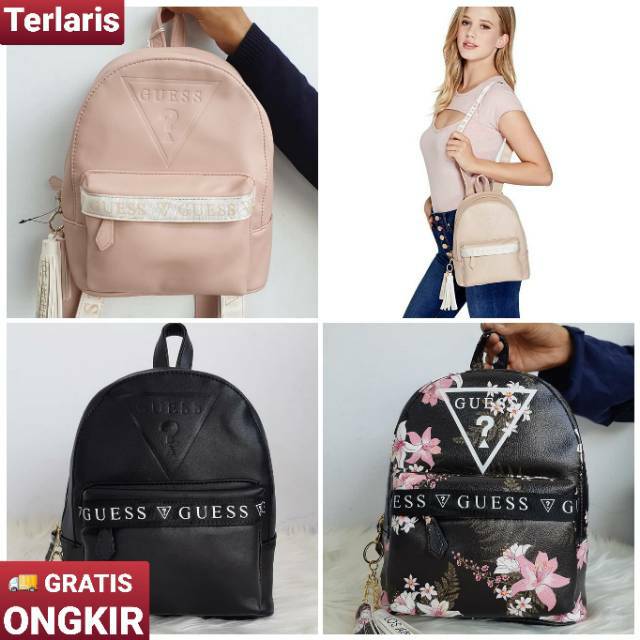 (WODB) Tas gesabel beige black pink floral ransel backpack