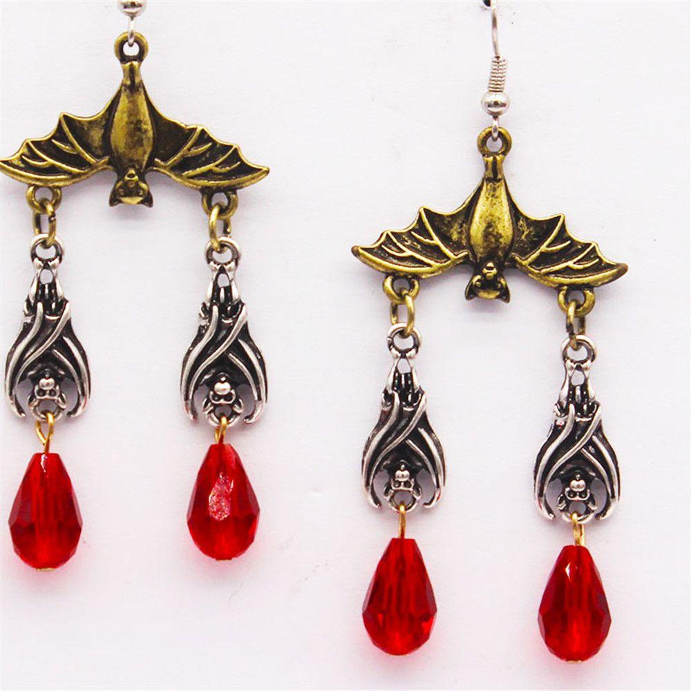 R-bunga Halloween Anting Logam Wanita Gantung Gaya Punk Gothic Retro Berlian Imitasi Merah