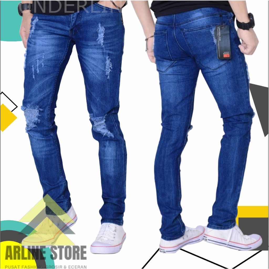 Celana Panjang Sobek Jeans Cowok Jins Denim Pensil Keren  Slimfit Pria Original Premium Underline Di