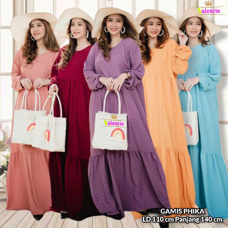 Phika Gamis Wanita Crinkle Uragiri Premium Dress Wanita Lengan Panjang Karet Susun Baju Wanita Muslim Kekinian LD 110 cm