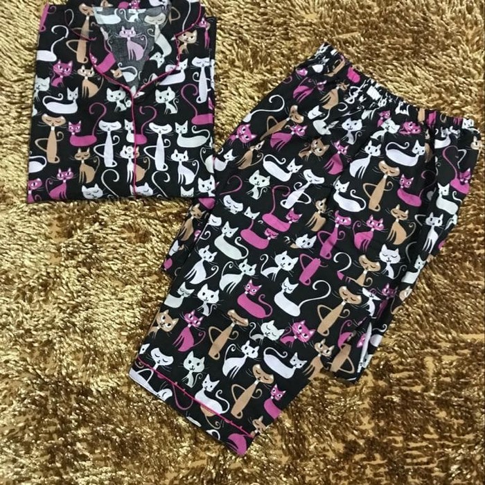 TERMURAH - PIYAMA DEWASA WANITA/ BAJU TIDUR KATUN EROPA MOTIF KARTUN - KUCING