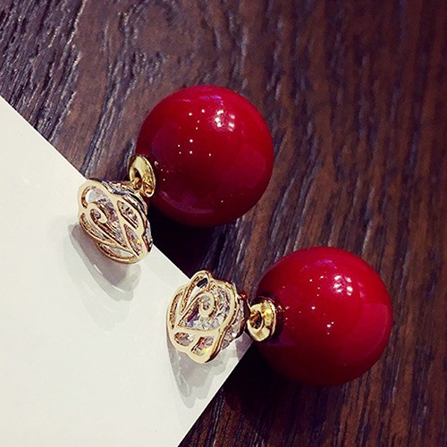 LRC Anting Tusuk Sweet Red Hollow Out Rose Flower Decorated Round Shape Design C57695