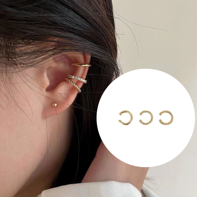[ 3Pcs/Set Gold Color Rhinestone  Hoop Earrings  Ear Cuff Ear Clips  Ear Jewelry for Girls ]