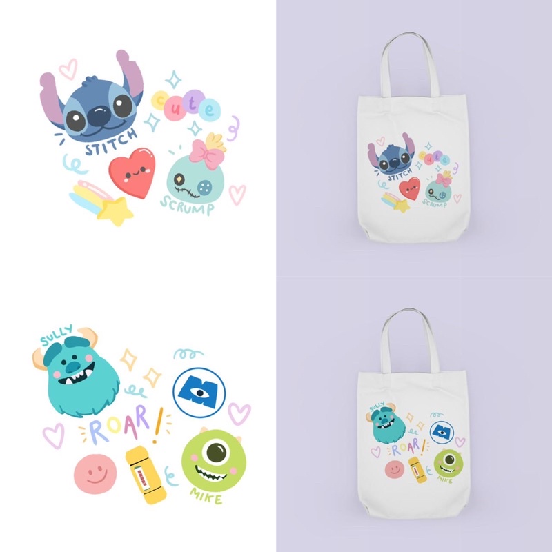 Tote Bag Bergambar Cute Doodle Disneyy/Toy Story/ Winnie the Pooh/ Stitch/ Monster inc/ Chipmunk/ Micky Mouse