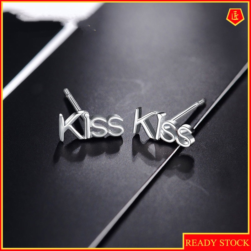 [Ready Stock]Silver Cute Fashion Creative English Kiss Stud Earrings