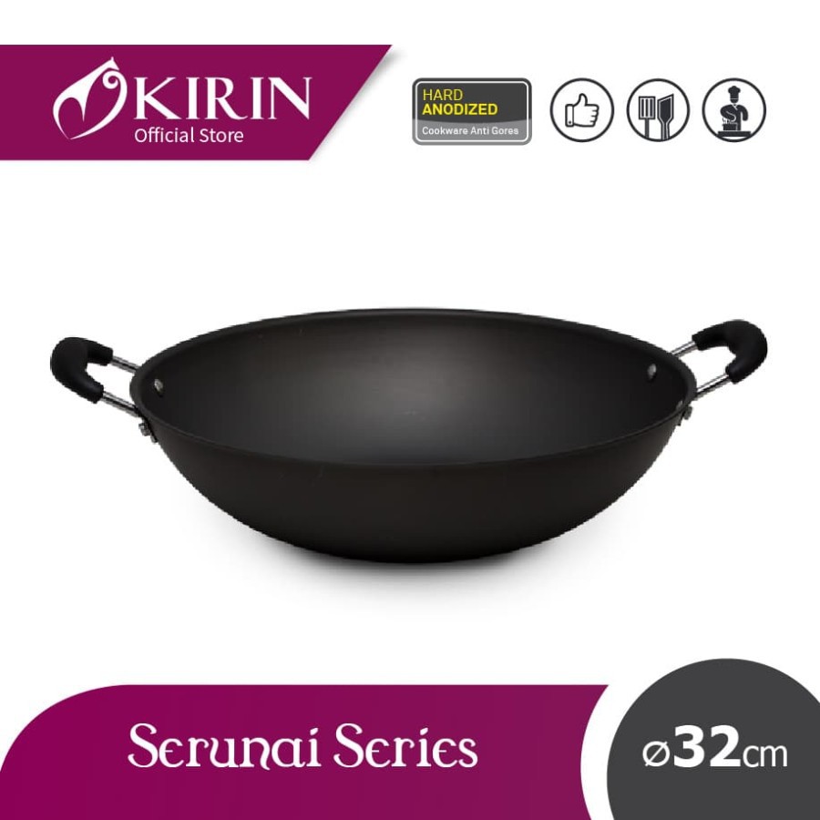 Kirin SERUNAI Wok 32 Cm Wajan Penggorengan Anti Lengket Classic - Hitam