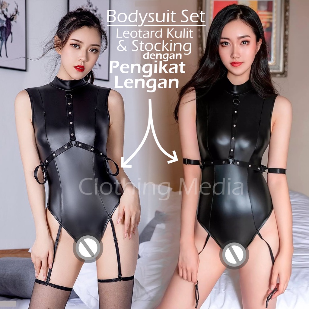 Bodysuit Set Leotard Kulit dengan Pengikat Tangan Plus Stocking Garter Set