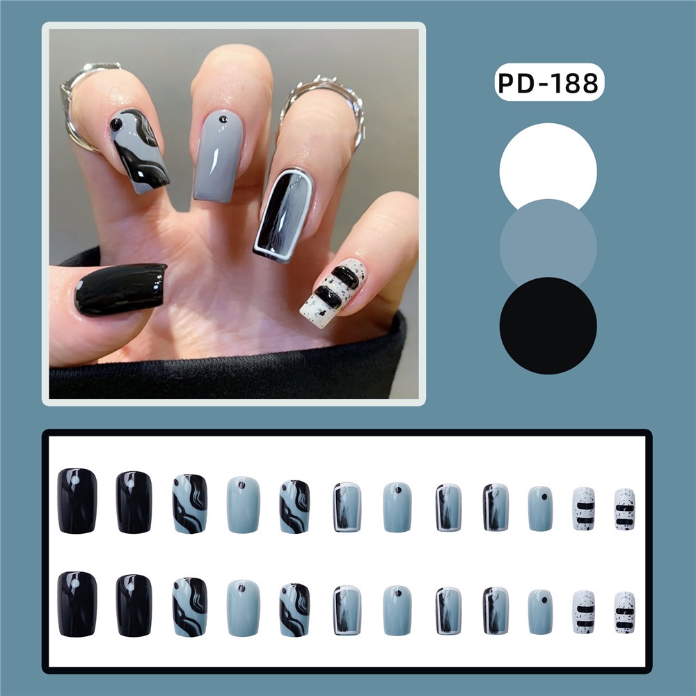 24pcs Kuku Palsu Warna Hitam Putih Hijau Wearable Untuk Dekorasi Nail Art