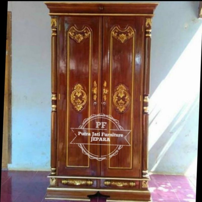 Lemari pakaian pintu 2 kayu jati - Almari ukir Jepara warna kombinasi