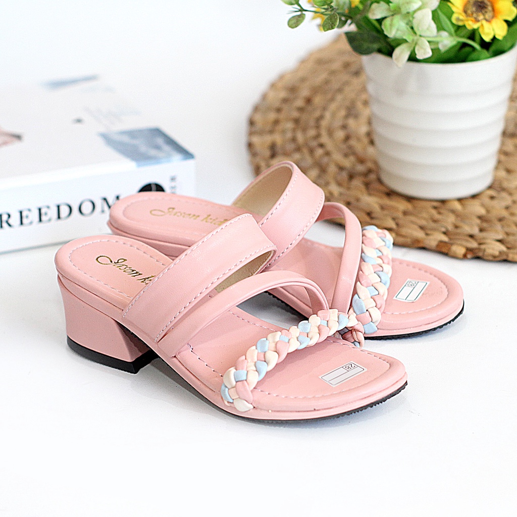 Sandal Heels Anak Perempuan Selop Tali Kepang Hak Tahu 3 Cm Sepatu Pesta Anak