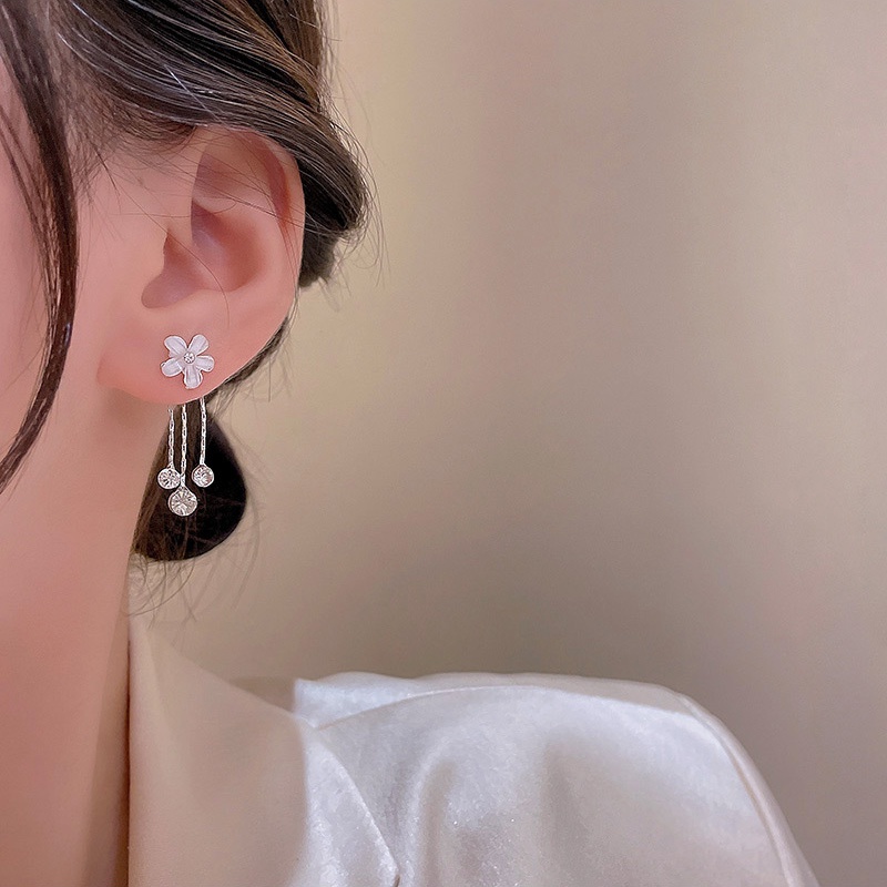 Anting Tusuk Gantung Panjang silver 925 Desain Bunga Hias Kristal Untuk Wanita