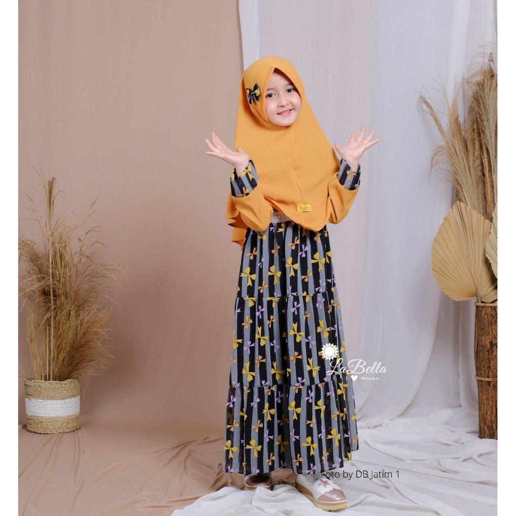 PROMO Labella Jubah Anak/Gamis Anak Perempuan/Gamis Ceruty Printing Zafina Motif Pita