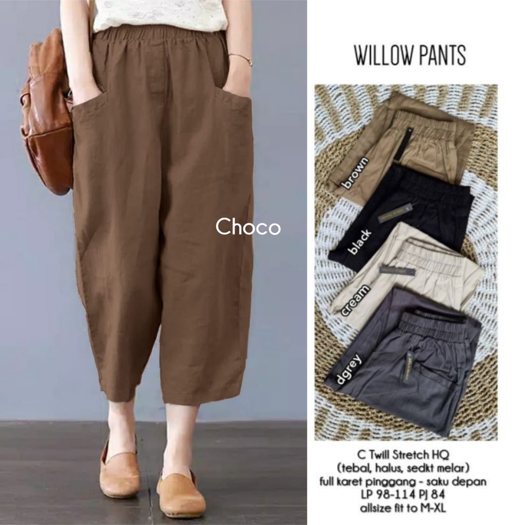 CELANA WANITA JUMBO PINGGANG KARET - SASHA CROP PANTS / CELANA KUREA TERBARU SASHA PANTS WILLOW PANTS / CELANA BAHAN TWILL STRET IMPORT / Qaisara Uniqloo Pant Korean Cotton Twill Import Premium