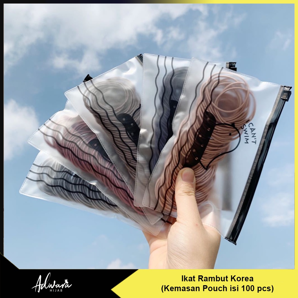 Ikat Rambut Korea 100 Pcs Karet Elastis Polos Kemasan Pouch I Can't Swim