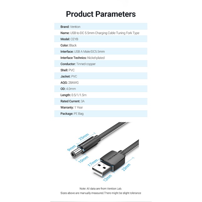 ( Bisa Cod ) Vention Kabel Power USB-A to DC 5.5mm Power AC USB to DC 5V/3A CEY