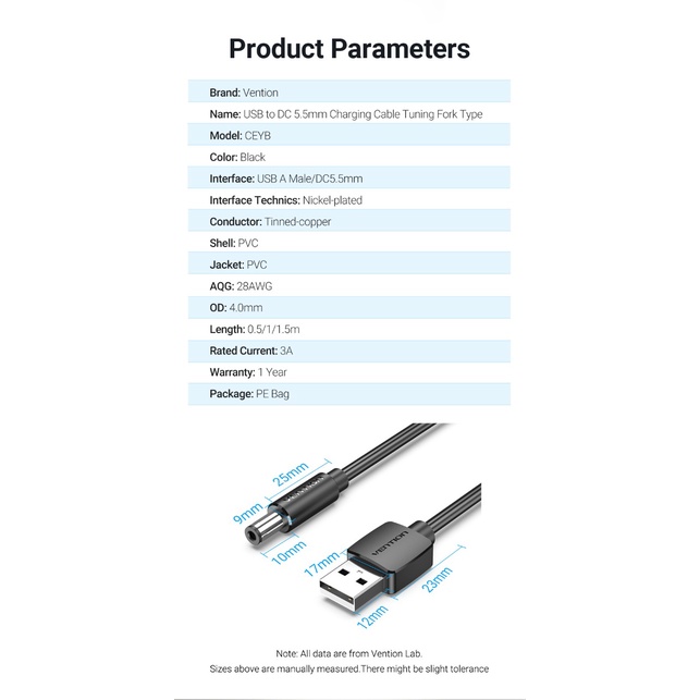 ( Bisa Cod ) Vention Kabel Power USB-A to DC 5.5mm Power AC USB to DC 5V/3A CEY