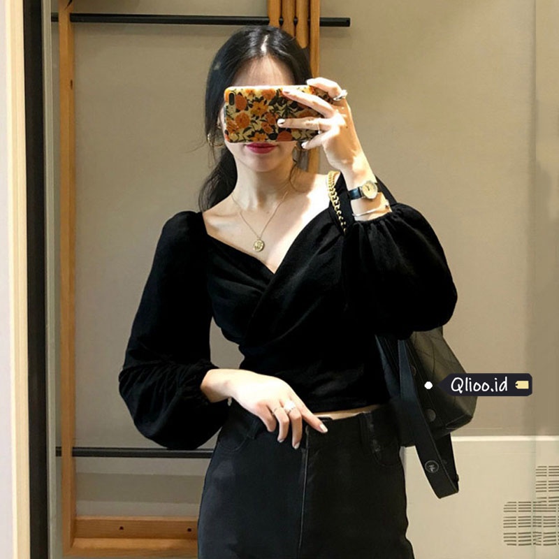 Kemeja Hitam Lengan Panjang Wanita Shirt Korean Retro Style Crop Blouse