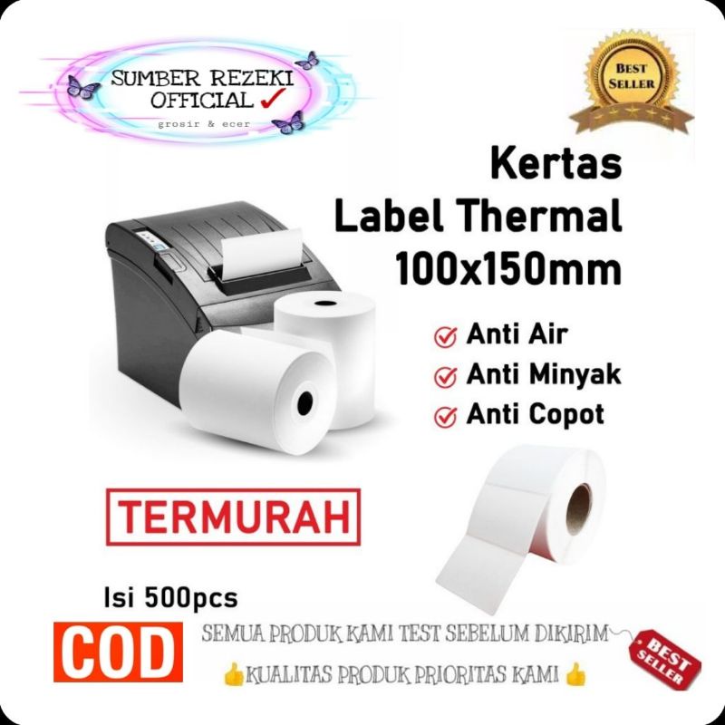 

SR - Kertas thermal label bercode 100 x 150 mm / kertas pinter thermal gulung 1 roll isi 300 lembar / isi 500 lembar