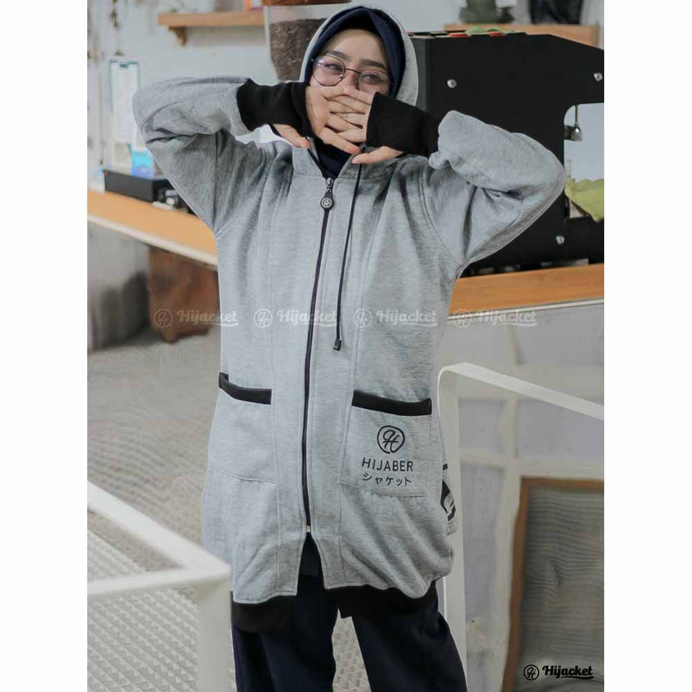 Jaket Jacket Hoodie Panjang Wanita Cewek Hijabers Roundhand Finger Warna Abu Hijacket YK Grey-6