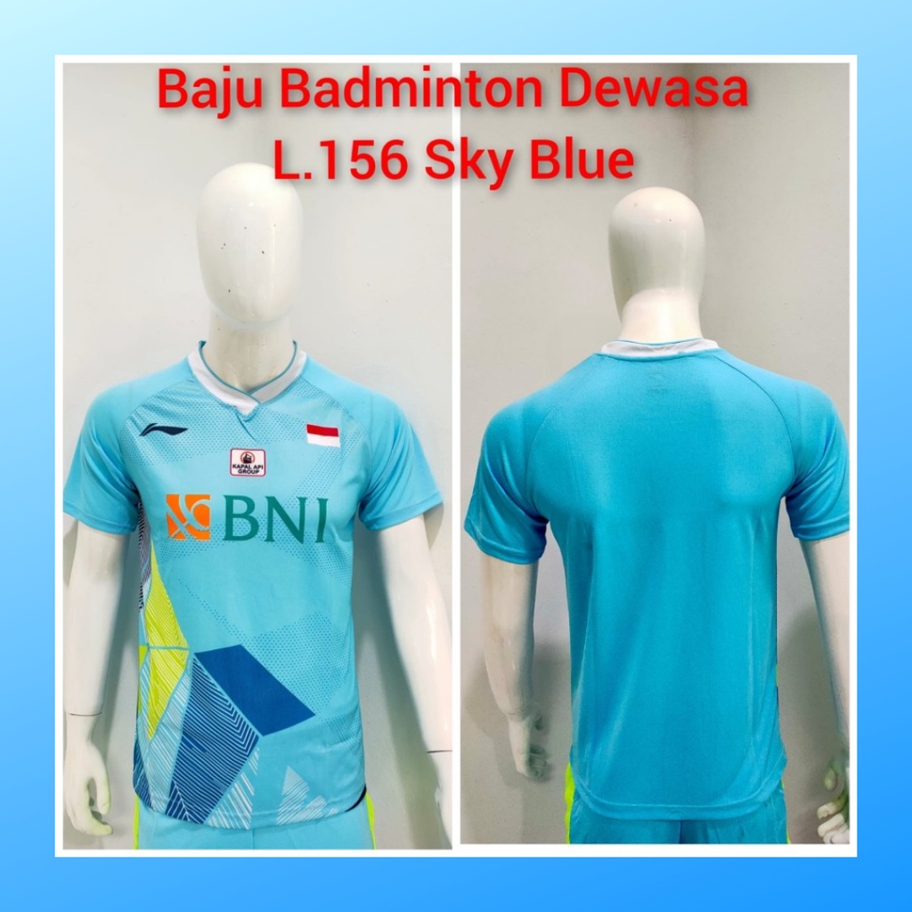 Kaos badminton pria jersey bulutangkis baju atasan jersy wanita dewasa t-shirt outfit seragam kostum olahraga casual suit pakaian jarsey oblong apparel sports jersi bulu tangkis L156 biru sponsor