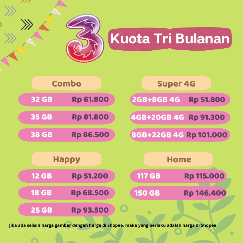 Kuota Tri Bulanan | Unlimited Youtube, Mix Combo, Super 4G, Happy, Home | Paket Data Three Murah