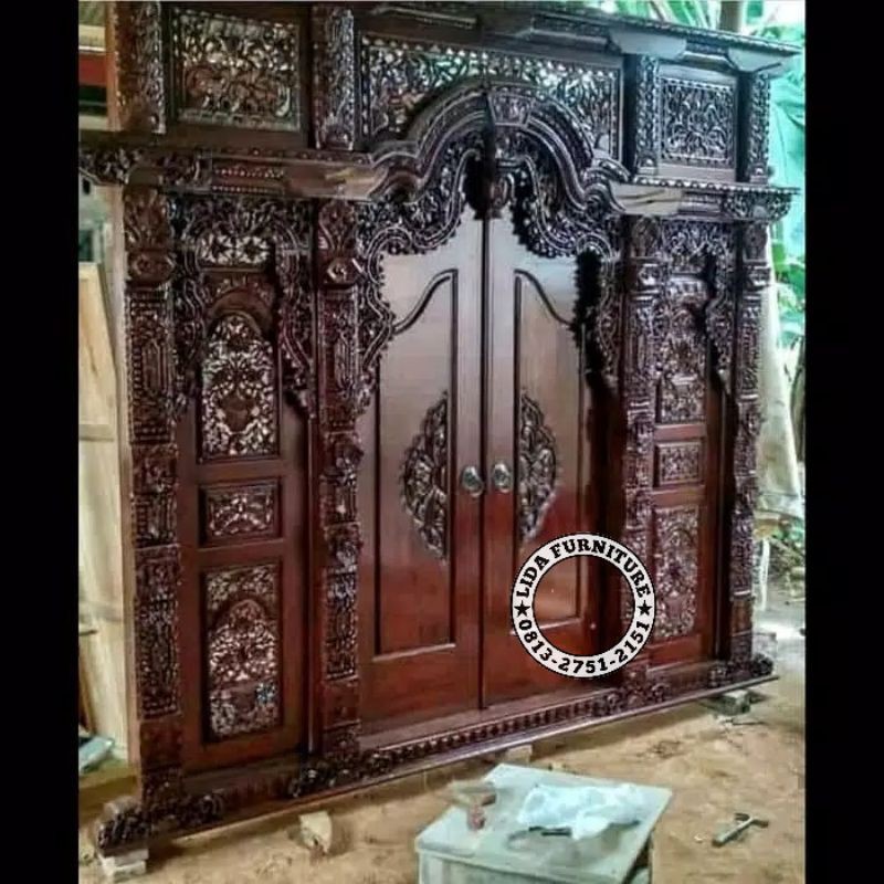 pintu rumah gebyok ukir jati asli jepara ukuran 3m sudah finishing