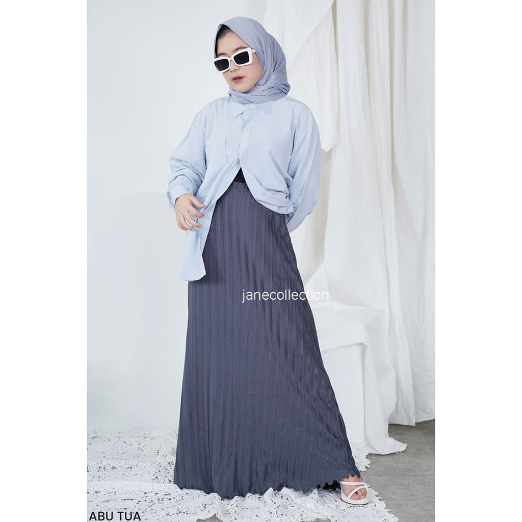 JANE COLLECTION || Maxi Skirt Bawahan Rok Hitam Hijab Muslim Mayung Hyget Plisket Motif Padi A Line [ Hitam Kuning Mustard Milo Mocca Dark Grey Abu Tua ] - Ishana Skirt