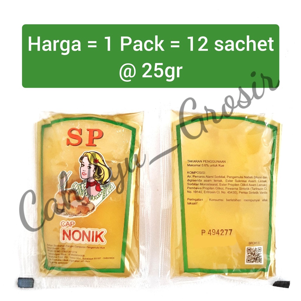 

SP cap Nonik 25gr (1 Pack = 12 Sachet) Pengembang Pelembut Emulsifier Kue