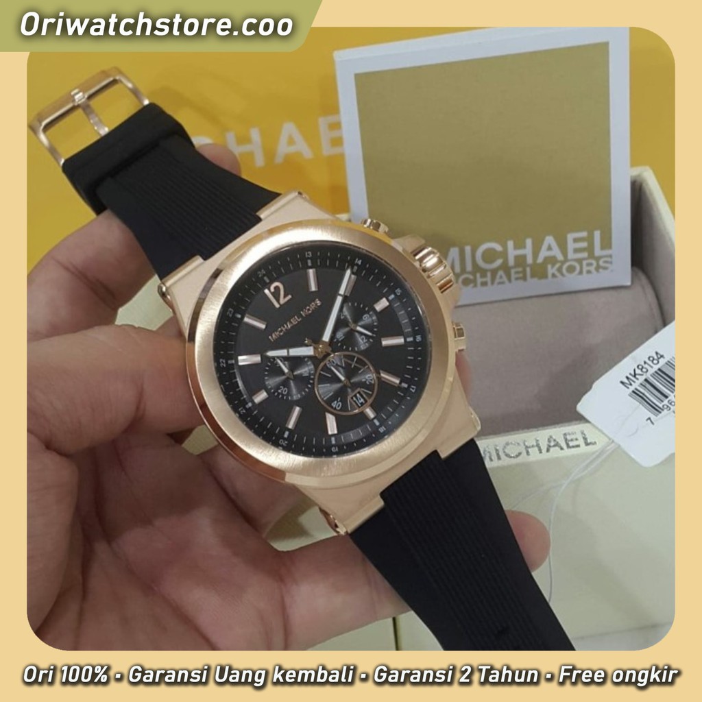 TERLARIS MICHAEL KORS ORIGINAL GARANSI JAM TANGAN PRIA CHRONOGRAPH ROSEGOLD RUBBER STRAP MK8184