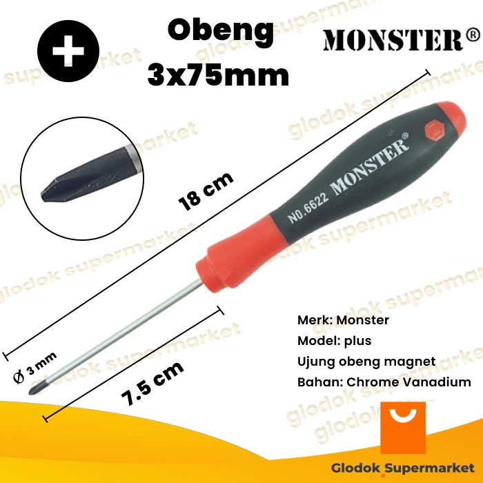 Obeng Plus 3 inch Monster Diameter 3mm Panjang Besi 7.5cm Magnet