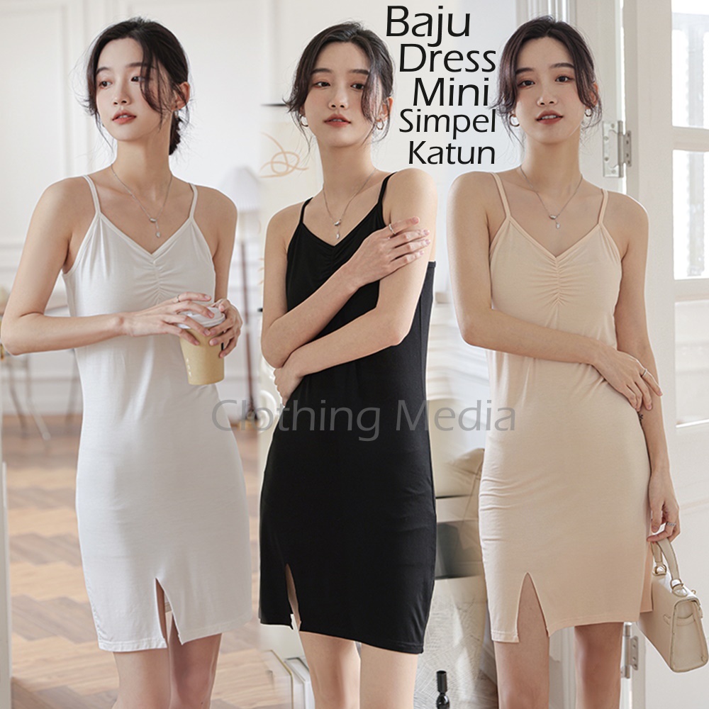 Mini Dress Wanita Simpel Bahan Katun Tipis Elastis Lembut Baju Rumah Santai