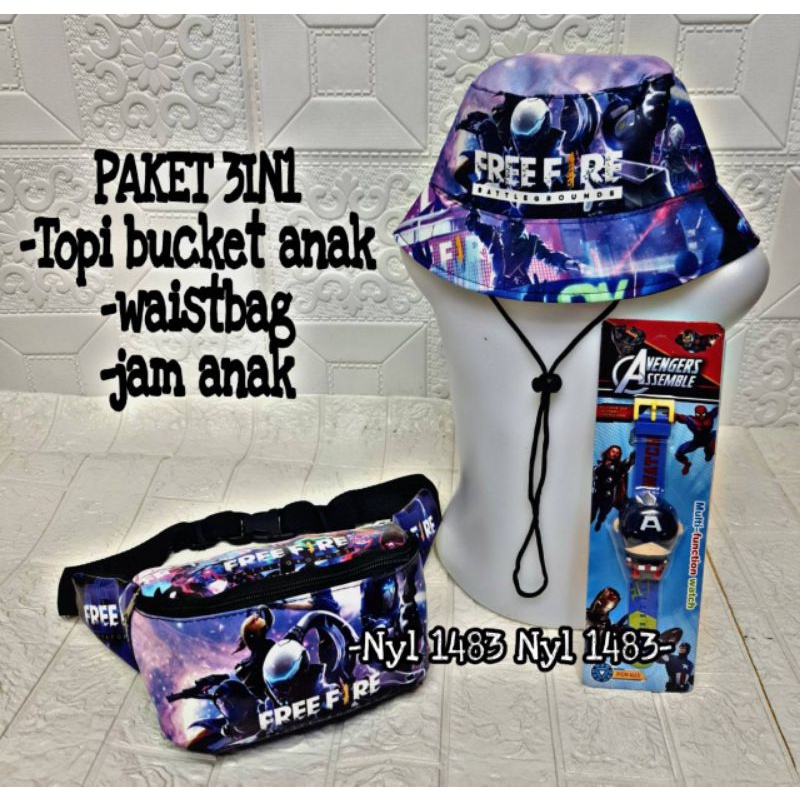 topi anak BUCKET terbaru karakter Free fire/tas selempang anak/WAISTBAG anak