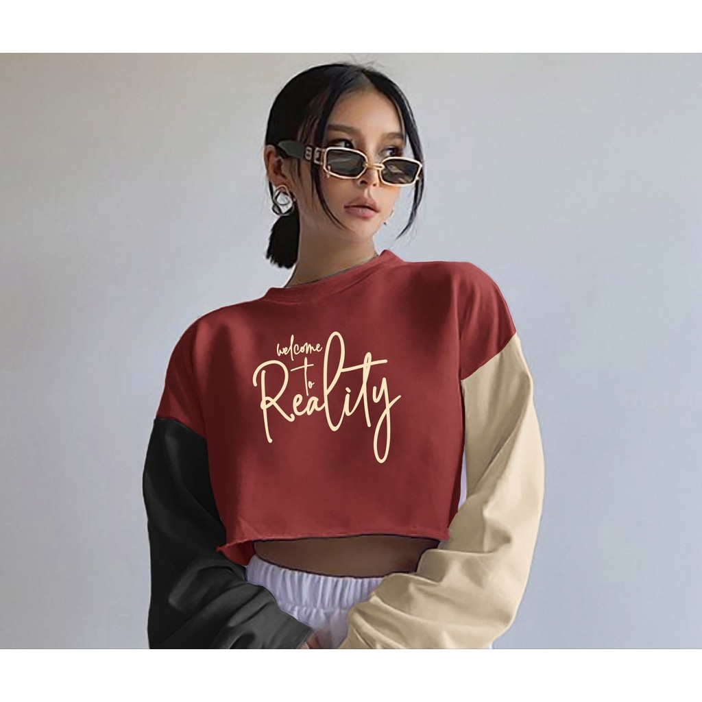 Tq88indonesia Baju Sweater Wanirta Terbaru / Sweater Crop Welcome To Reality / Korean Style Colorfull Sweatshirt / Ootd Terbaru / Outfit Kekinian / Pakaian Casual Wanita