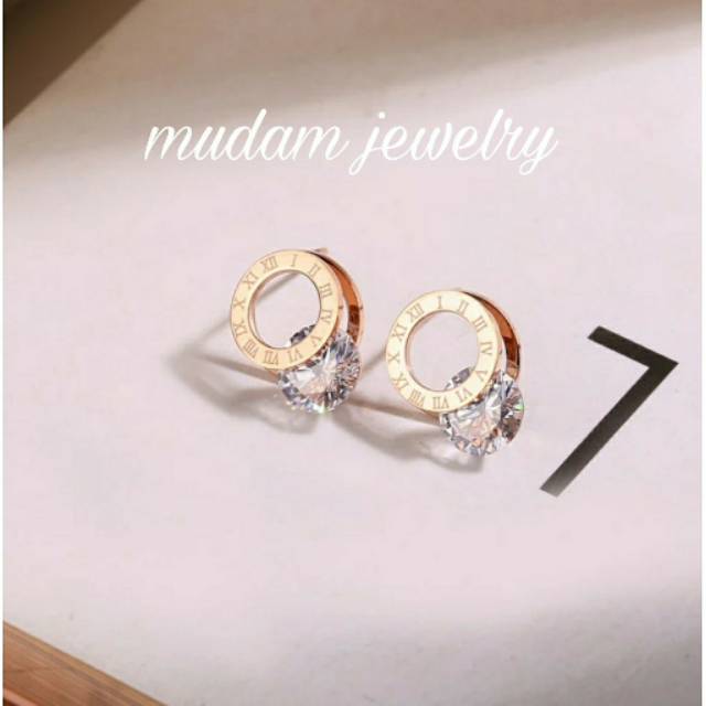 Anting Titanium Stud Model Ring Angka Romawi Dengan Batu Zirkon Warna Rose Gold, Gold dan Silver