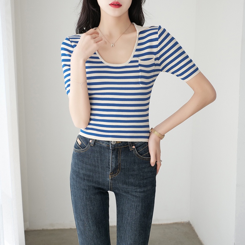 【Elegant】Summer  Stripe Tight Knitted Short Sleeve T-Shirt 7385