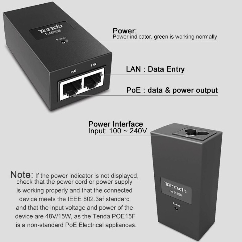 TENDA POE15F 100Base-T 802.3af PoE Injector - PoE Adapter