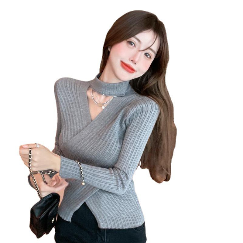 #Sisjuly# Wanita cross v-neck halterneck rajutan bottoming shirt sweater wanita musim gugur dan musi