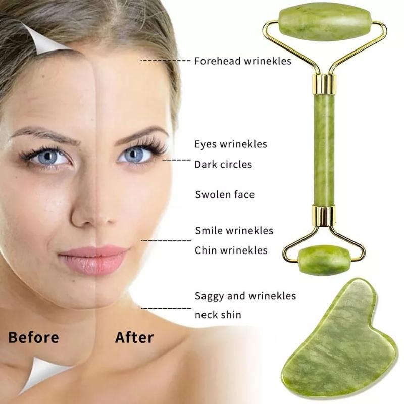 Alat pijat wajah facial massager Jade Face Roller Guasha Stone Facial Massage Pemijat muka pipi Roler batu giok