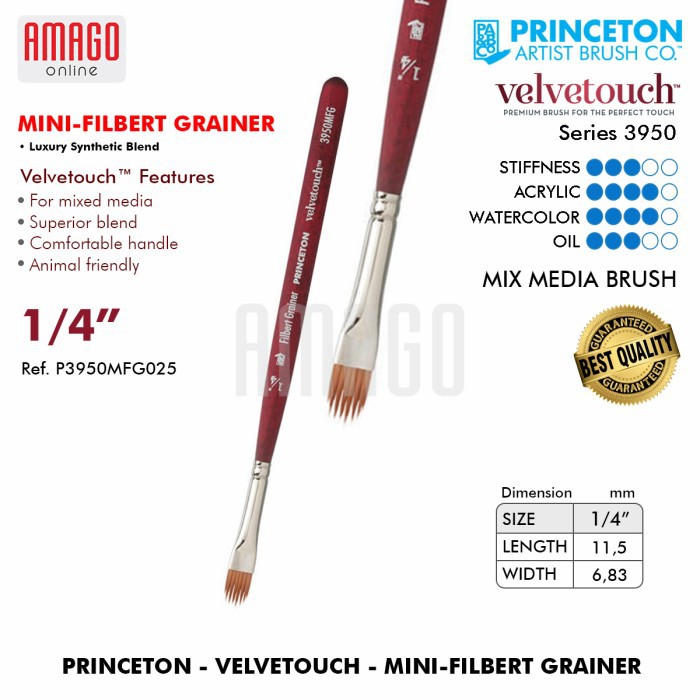 

Brush PRINCETON - Velvetouch - Synthetic - Mini Filbert Grainer - Ukuran 1/4 - Kuas Mini