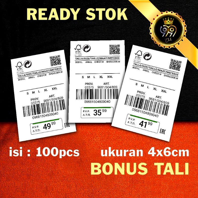 

label baju import bonus tali , 4x6 hantag hang tag handtag handstag merek baju label baju import prov46