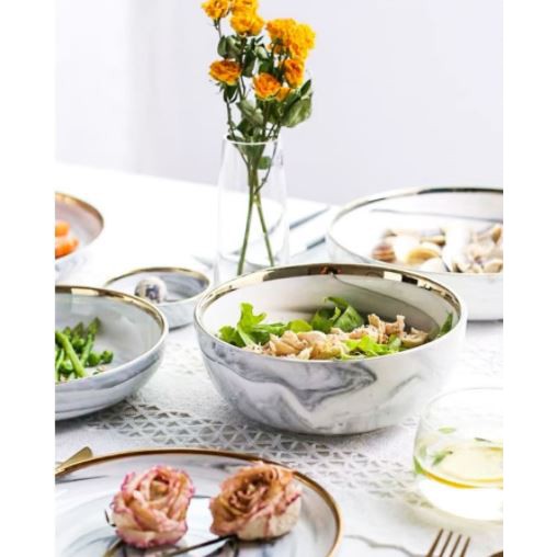 Piring Keramik motif Marmer dengan lis emas/ Piring Makan cantik