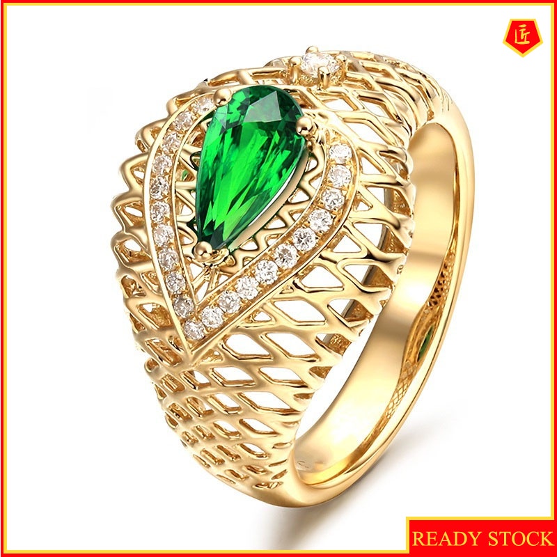 [Ready Stock]Fashion Elegant Hollow Jeweled Emerald Gold Ring